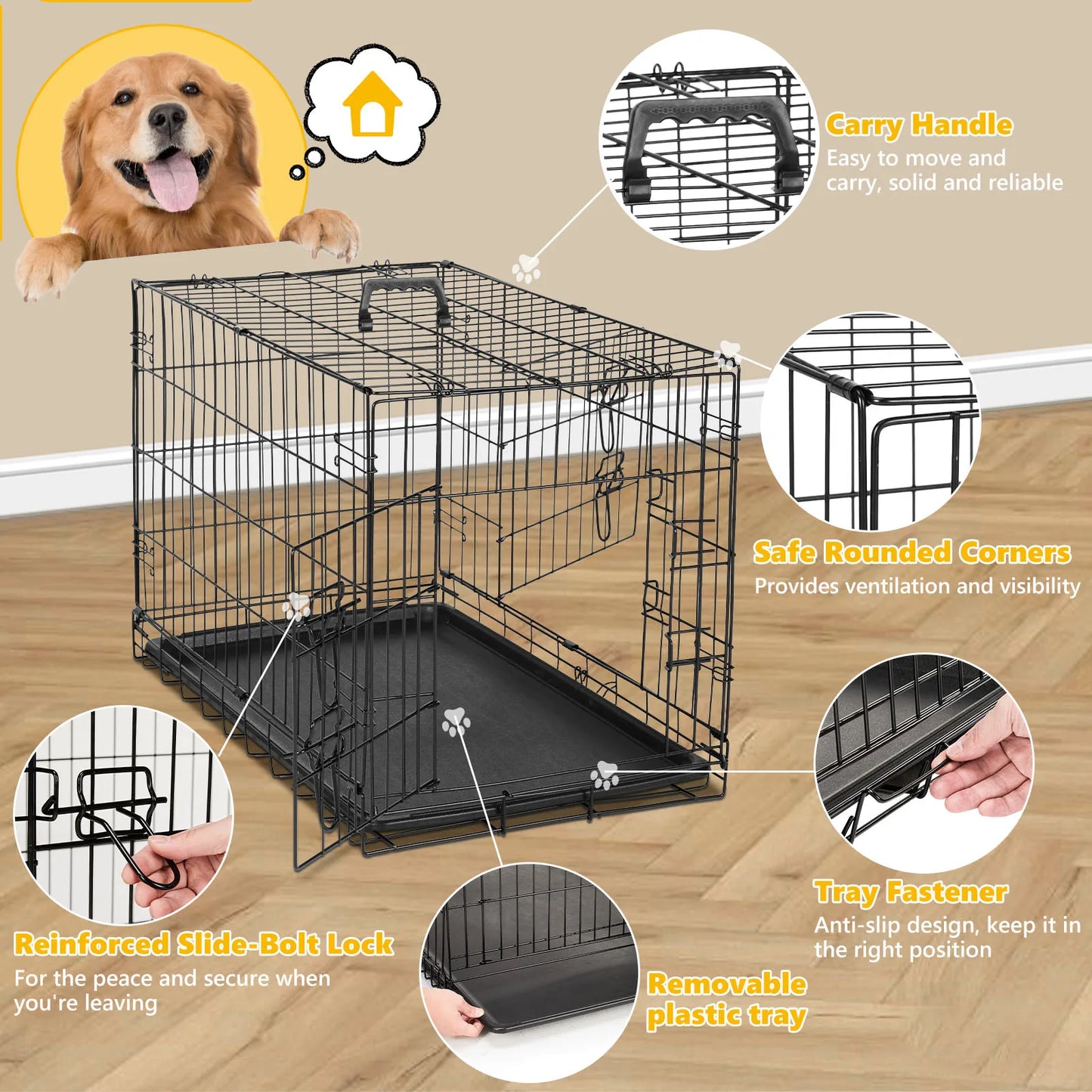 Metal Wire Dog Cage with Plastic Leak-Proof Pan Tray