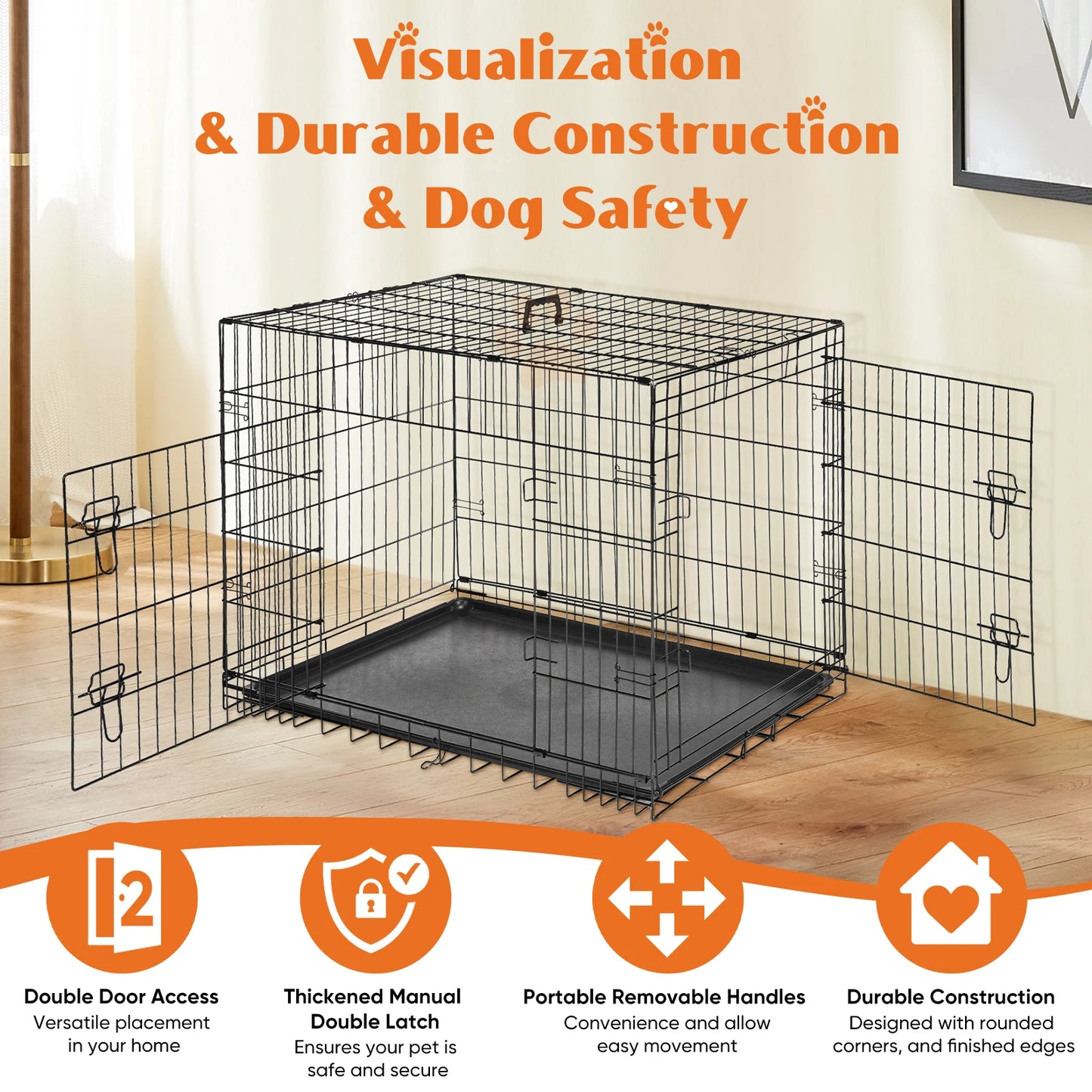 Metal Wire Dog Cage with Plastic Leak-Proof Pan Tray