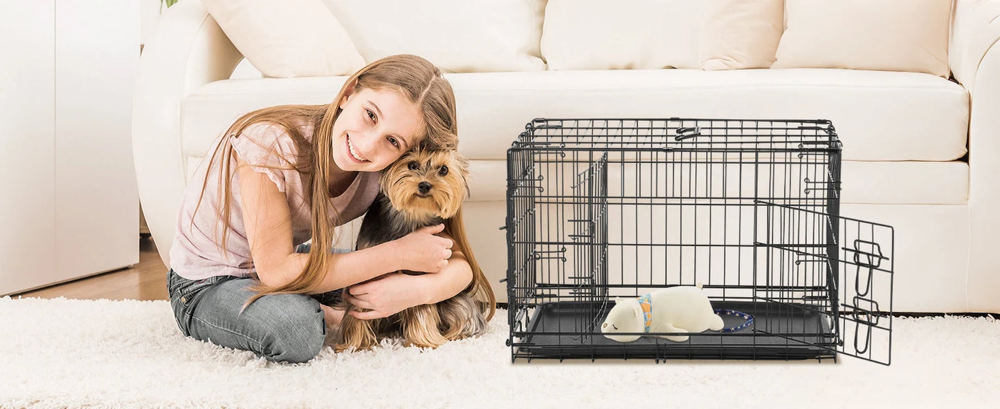 Metal Wire Dog Cage with Plastic Leak-Proof Pan Tray