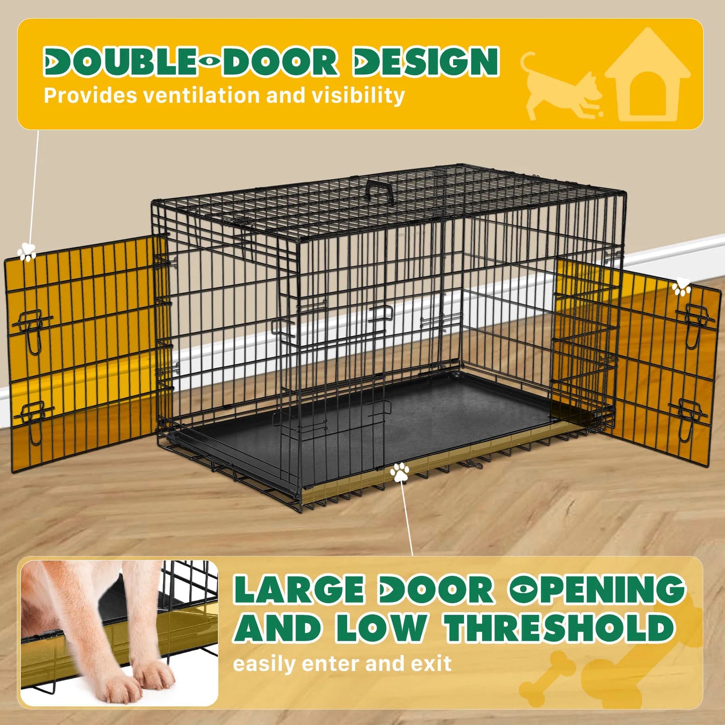 Metal Wire Dog Cage with Plastic Leak-Proof Pan Tray