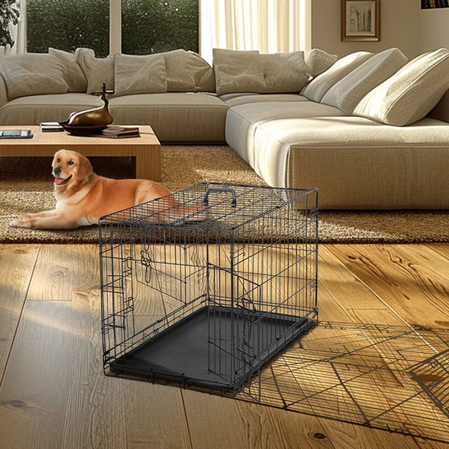 Metal Wire Dog Cage with Plastic Leak-Proof Pan Tray
