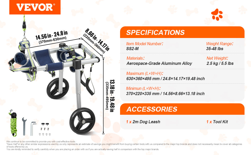 2 Wheels Pet Wheelchair for Back Legs